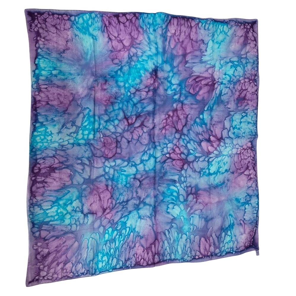Vintage Hand Hemmed 100% Silk Square Scarf Purple Turquoise Abstract Watercolor